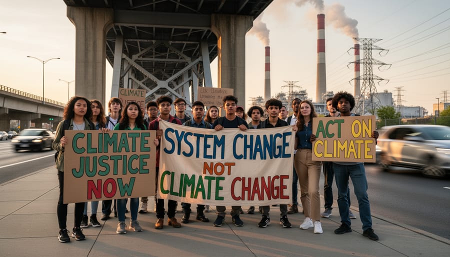 Youth climate protesters in winter near a highway interchange holding blank signs while traffic moves in the background