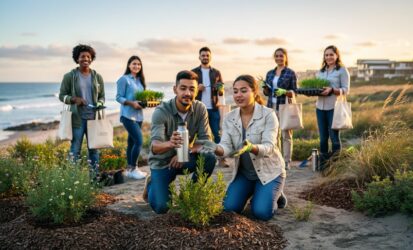 Young volunteers working together near a restored coastal area at sunset, symbolizing youth-driven climate awareness and community action.