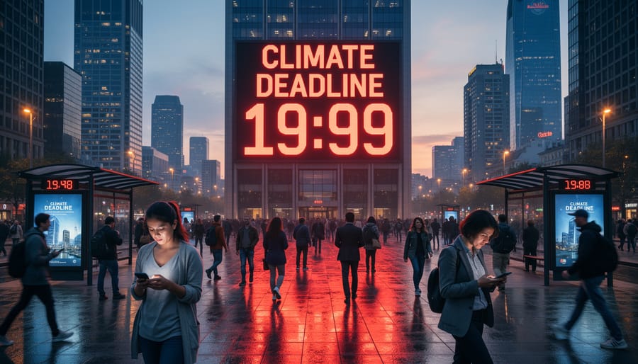 A large climate clock installation in a city plaza at dusk with people nearby