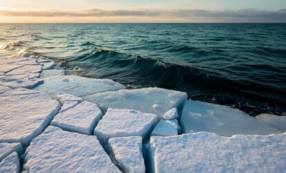 Sunlit Arctic ice reflecting light beside exposed darker ocean water, illustrating the albedo effect.
