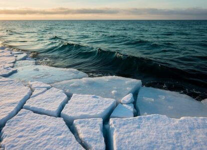 Sunlit Arctic ice reflecting light beside exposed darker ocean water, illustrating the albedo effect.