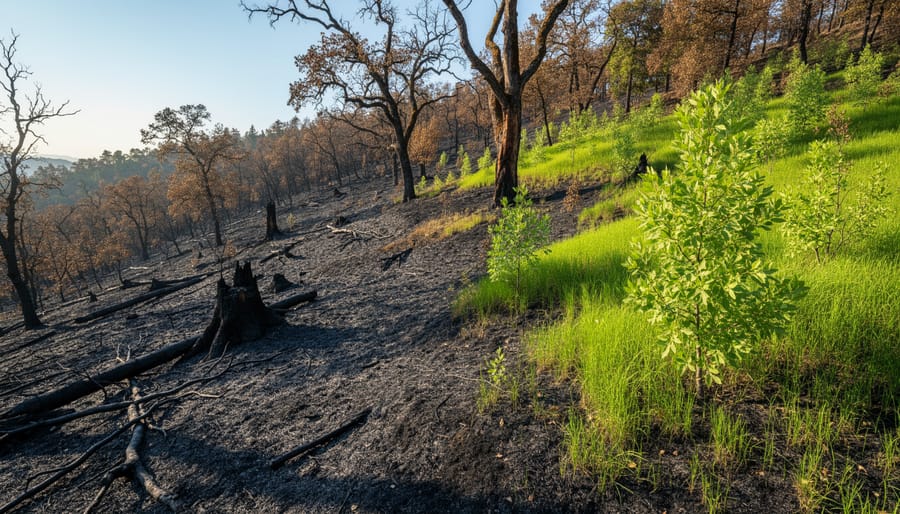 Boreal forest scene with charred soil and early regrowth under sunlight
