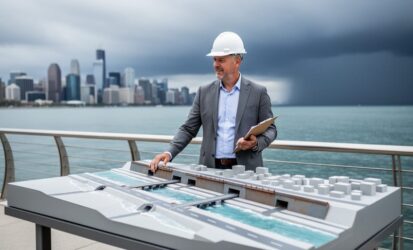 Urban planner at a waterfront overlook reviewing resilient coastal infrastructure models and stormwater planning materials.