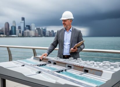 Urban planner at a waterfront overlook reviewing resilient coastal infrastructure models and stormwater planning materials.