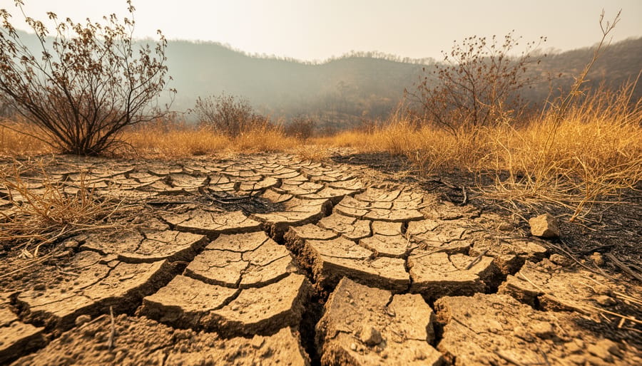 Close-up of cracked dry soil with sparse dry grass in a wildfire-prone landscape.