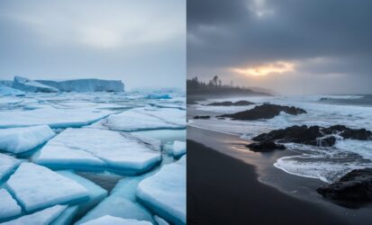 Melting icy Arctic landscape under a hazy sky transitioning to a stormy ocean coastline with rising water, illustrating the link between global warming and climate change.