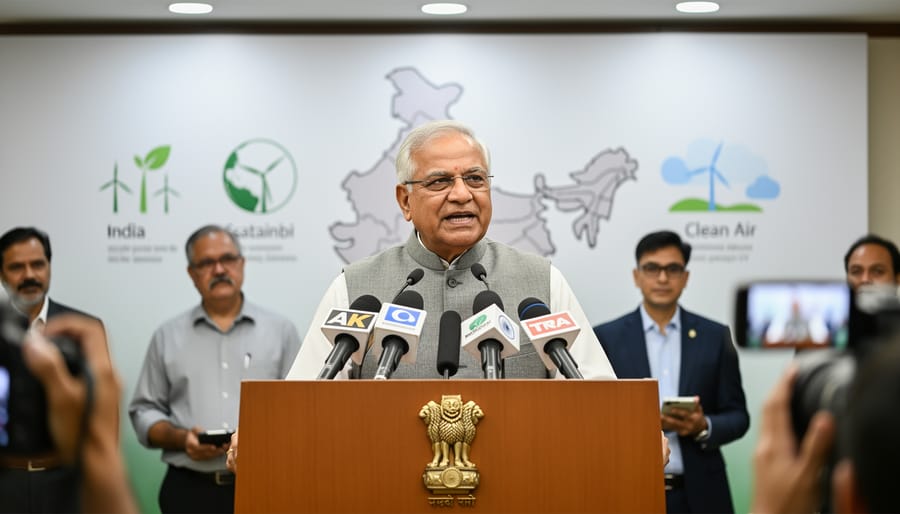 Indian environment minister speaking at an official government briefing with a podium and press backdrop.