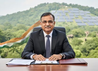 India’s Environment Minister in a formal suit seated outdoors, with blurred greenery and solar panels suggesting climate and renewable energy leadership.