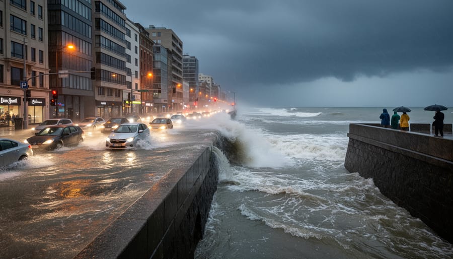 Low-angle view of seawater splashing over a coastal barrier during a storm with choppy ocean in the background