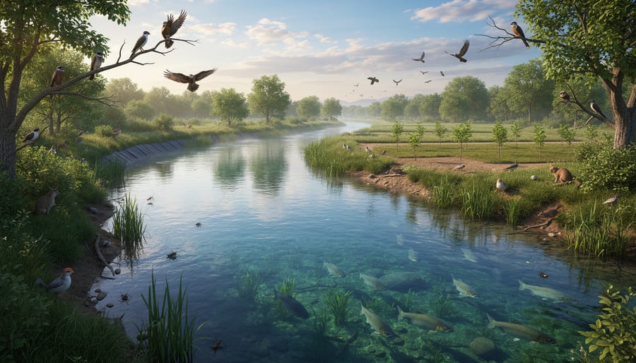 Lush green riverbank vegetation with birds and calm water in a protected natural habitat.