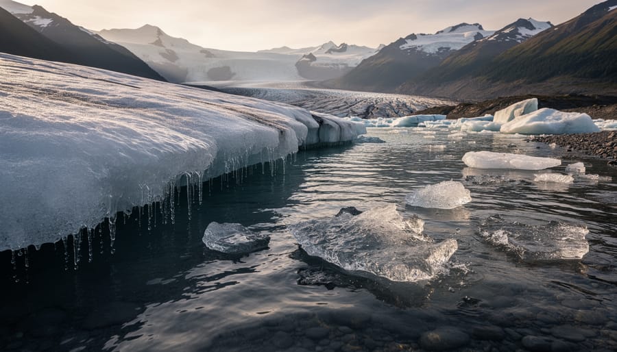 Melting glacier ice with cracks and turquoise meltwater in the foreground under an overcast sky