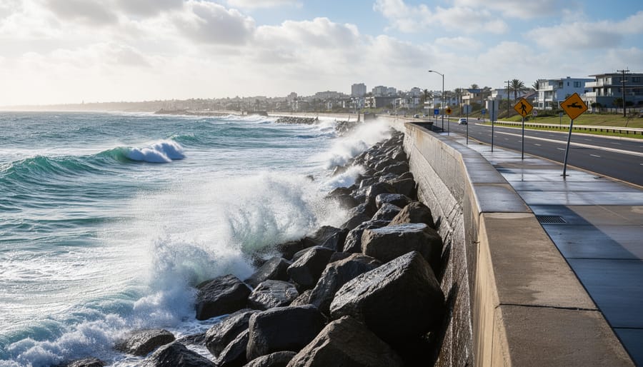 Ocean waves break against a low seawall along a coastal shoreline.