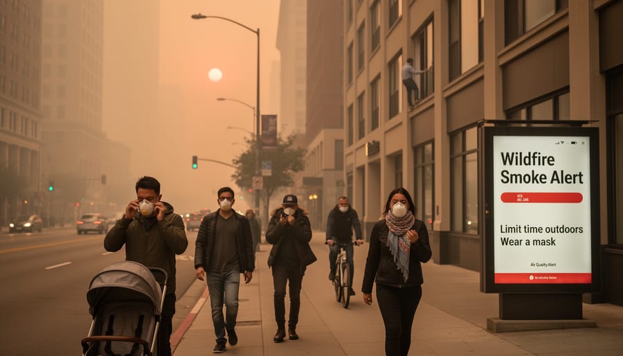 People wearing face protection outdoors near smoky air from a wildfire.