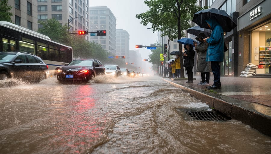 Rainwater rushes along a city curb near storm drains during a heavy downpour.