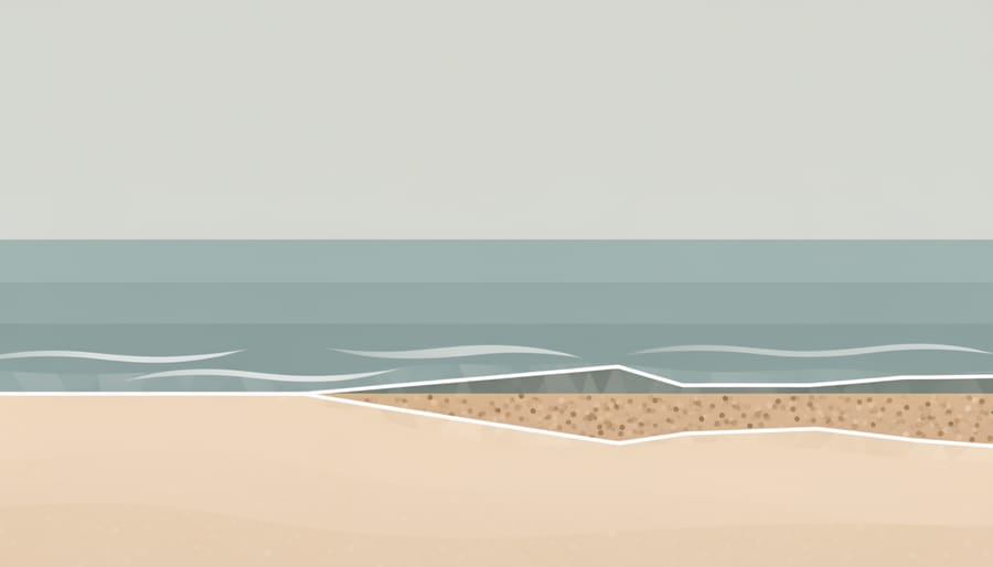 Shoreline with receding waves and textured sand that suggests drying conditions