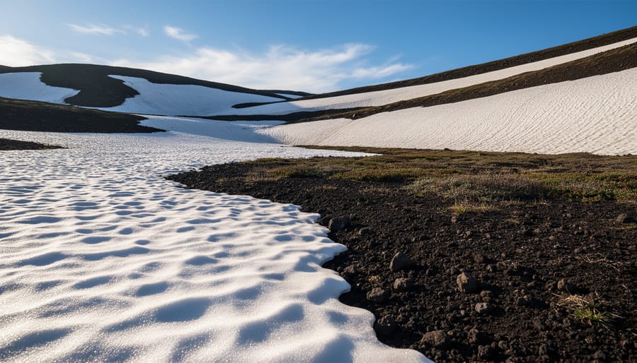 Snow-covered ground next to darker exposed earth under sunrise light
