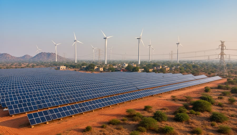 Solar panels and wind turbines generating renewable energy in a rural landscape at sunset.