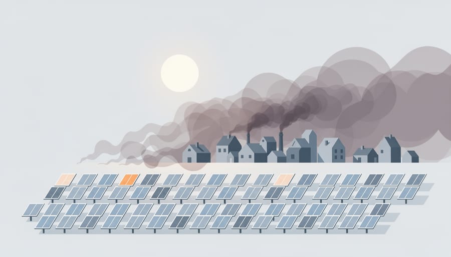 Solar panels on a rooftop with a native tree in the foreground and wildfire smoke hazy in the far background.