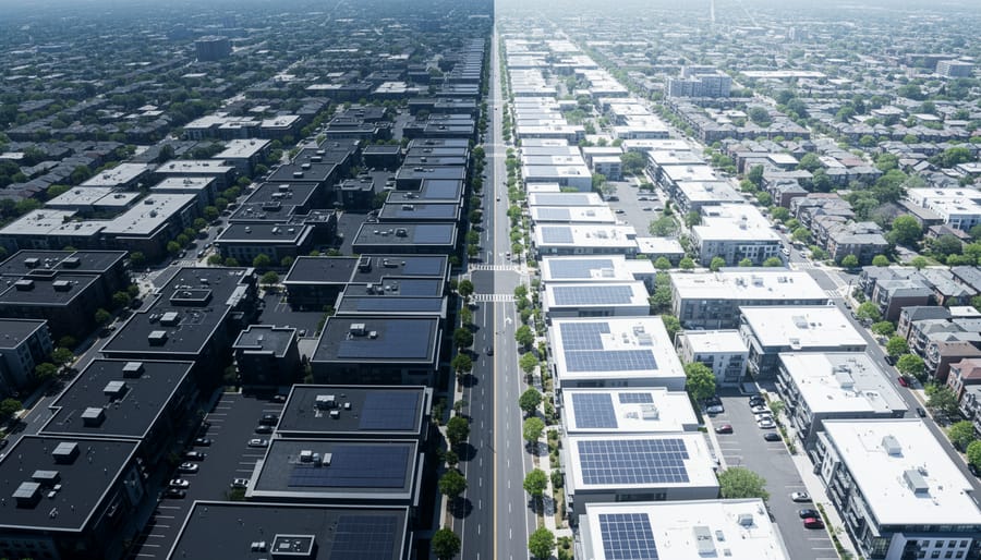 View of reflective white rooftops beside darker pavement and greenery in an urban setting