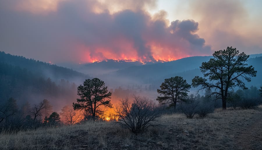 Wide view of smoky air with distant wildfire glow over vegetation.