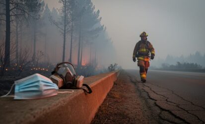 A firefighter in protective gear near a smoky wildfire forest, with air-quality respirator gear visible in the foreground and haze stretching into the distance.