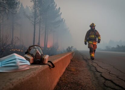 A firefighter in protective gear near a smoky wildfire forest, with air-quality respirator gear visible in the foreground and haze stretching into the distance.