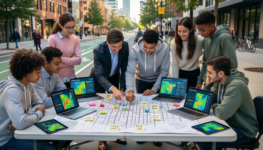 Young people and a city planner talk outside while reviewing materials near a redesigned street area.
