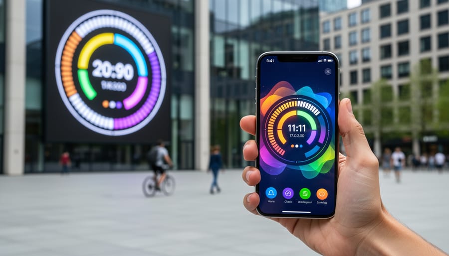 Young person holding a smartphone outdoors near trees, using a climate action timer concept