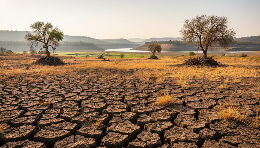 A young person holding a water bottle beside a cracked, parched riverbed.