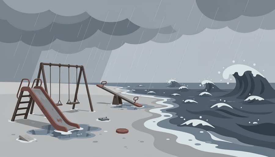 Empty rusted swing set in a coastal park facing a stormy sea.