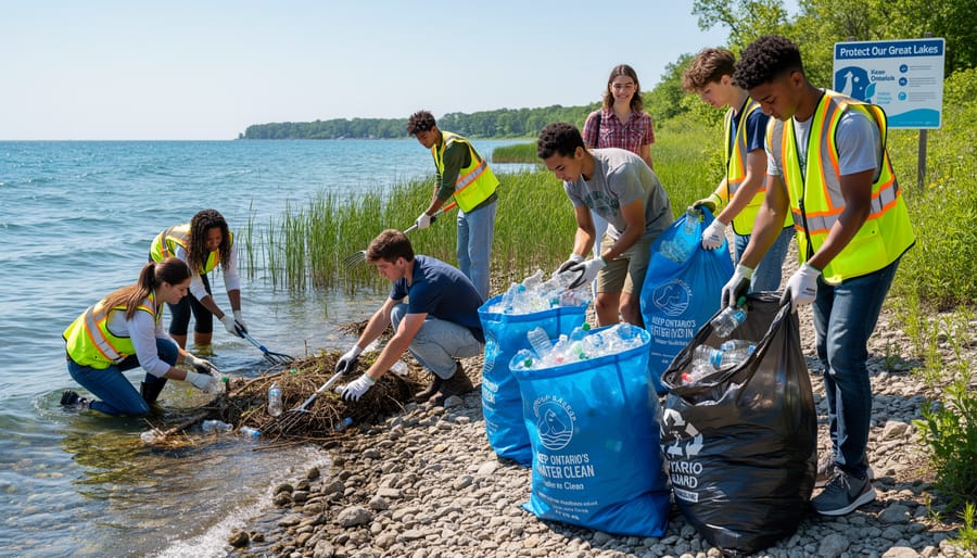 Gloved hands collecting litter during a shoreline cleanup by a lake