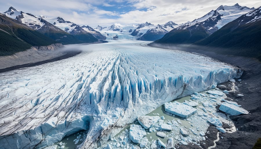 Low-angle view of a glacier face with blue ice and meltwater flowing over snow.