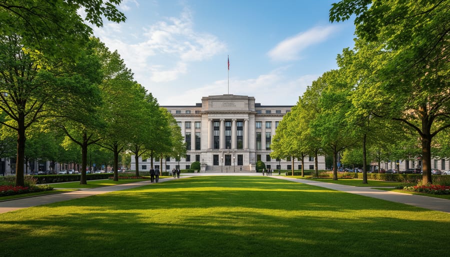 Exterior of a government building with landscaped greenery in the foreground