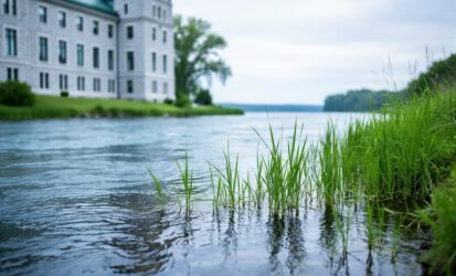 A realistic scene of a river and native wetlands reeds in the foreground with a stone government building exterior softly blurred in the background, conveying Ontario environmental stewardship.