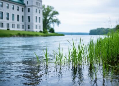 A realistic scene of a river and native wetlands reeds in the foreground with a stone government building exterior softly blurred in the background, conveying Ontario environmental stewardship.