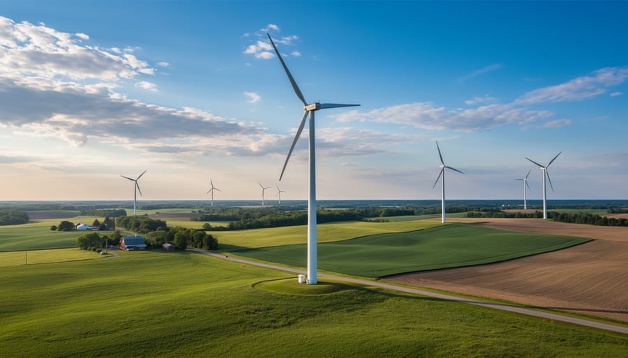 Wind turbines at dusk in a rural Ontario landscape