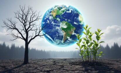 Earth seen as a glowing sphere through heat haze with a leafless tree silhouette and resilient green saplings in the foreground, suggesting climate tipping points and hopeful recovery.