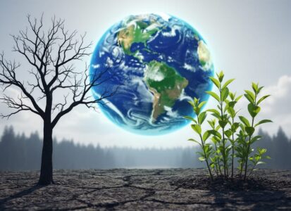 Earth seen as a glowing sphere through heat haze with a leafless tree silhouette and resilient green saplings in the foreground, suggesting climate tipping points and hopeful recovery.