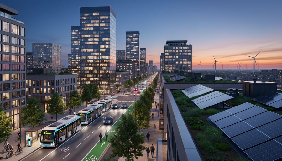 Dusk view of a Canadian city skyline with construction cranes and reflections on a river
