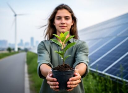 A young person holding a small green sapling in the foreground with solar panels and a wind turbine softly visible in the background under cloudy daylight.