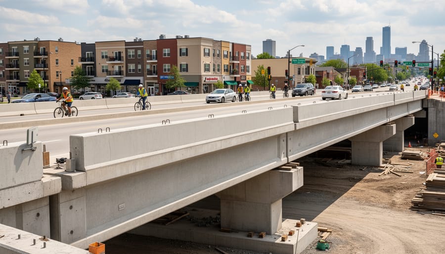 Concrete bridge structure with reinforcing steel and concrete beams under an overcast sky