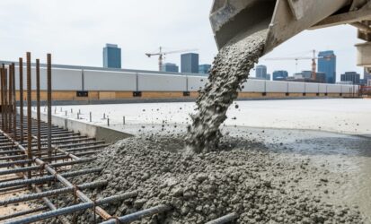 Fresh concrete pouring onto a bridge construction site with rebar reinforcement and modern buildings in the background under an overcast sky.