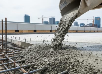 Fresh concrete pouring onto a bridge construction site with rebar reinforcement and modern buildings in the background under an overcast sky.