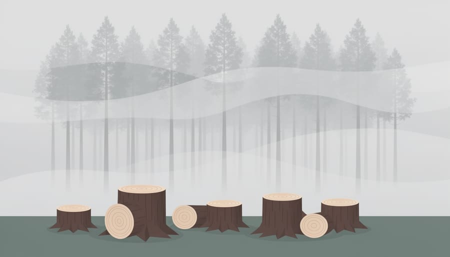 View of tree stumps in a forest with remaining trees fading into mist