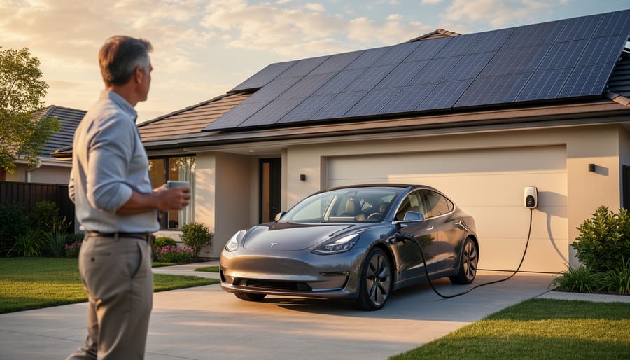 Person connecting a charging cable to a solar-integrated electric vehicle at a home driveway.