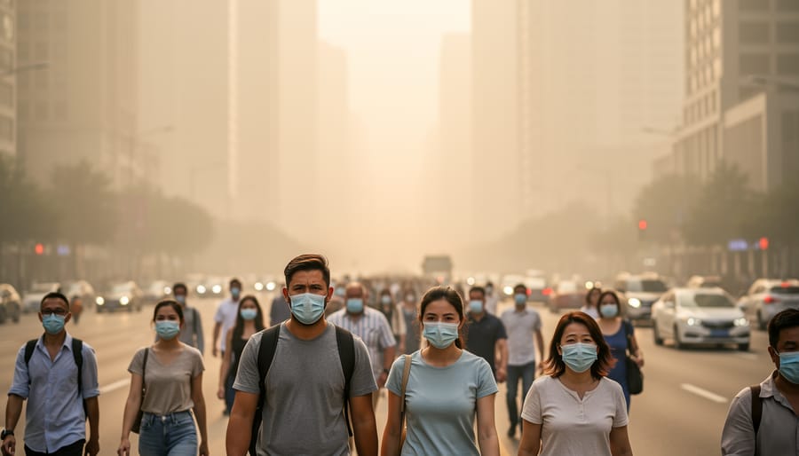Commuters wearing masks in a hazy city street at dusk