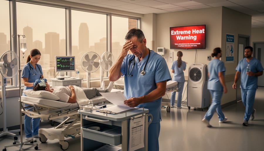 Nurse assisting a patient in a hospital setting with heat stress implied by cooling support and medical environment