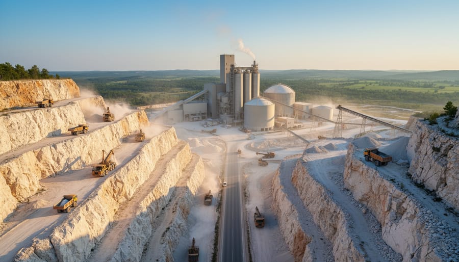 Close view of limestone quarry rock layers with dusty atmosphere