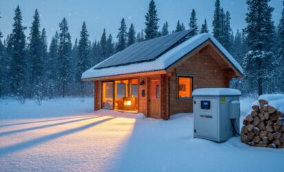 Snowy Canadian off-grid cabin in a pine forest, featuring roof solar panels, a glowing wood stove window, and stacked firewood with cold winter sunlight.