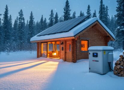 Snowy Canadian off-grid cabin in a pine forest, featuring roof solar panels, a glowing wood stove window, and stacked firewood with cold winter sunlight.